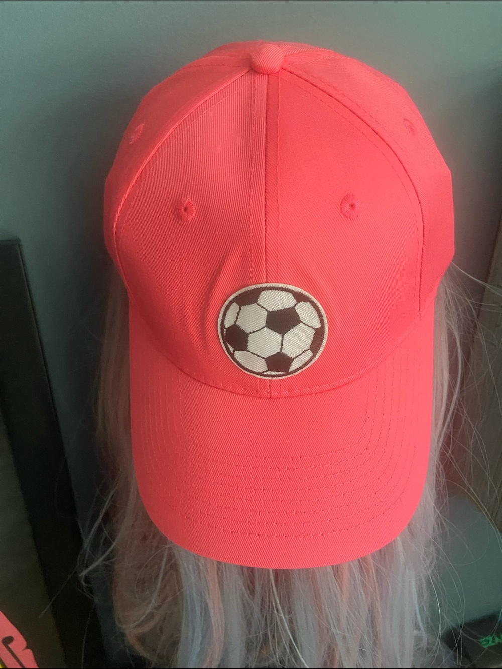 Port and Company Neon Coral Baseball Cap with Soccer Patch